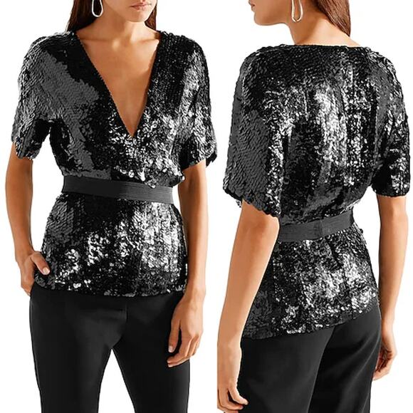 NWT Narciso Rodriguez Silk Embellished Sequin Belted Blouse Black Womens 44/US 8 - Picture 1 of 6